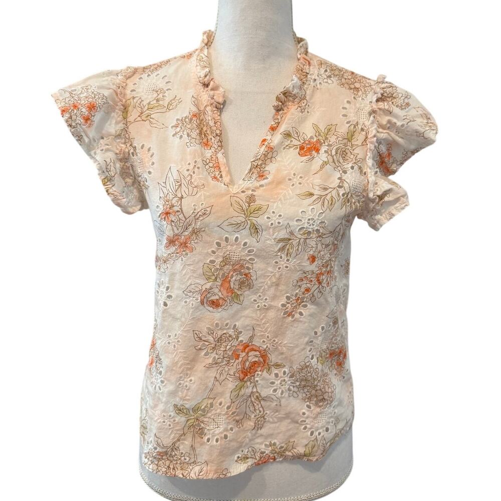 Solitaire Feminine Eyelet Rose Print Flutter Cap Sleeve Top Peach S